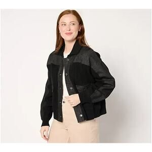 Peace Love World Cardigan Sweater with Denim Details Black 1X A668343